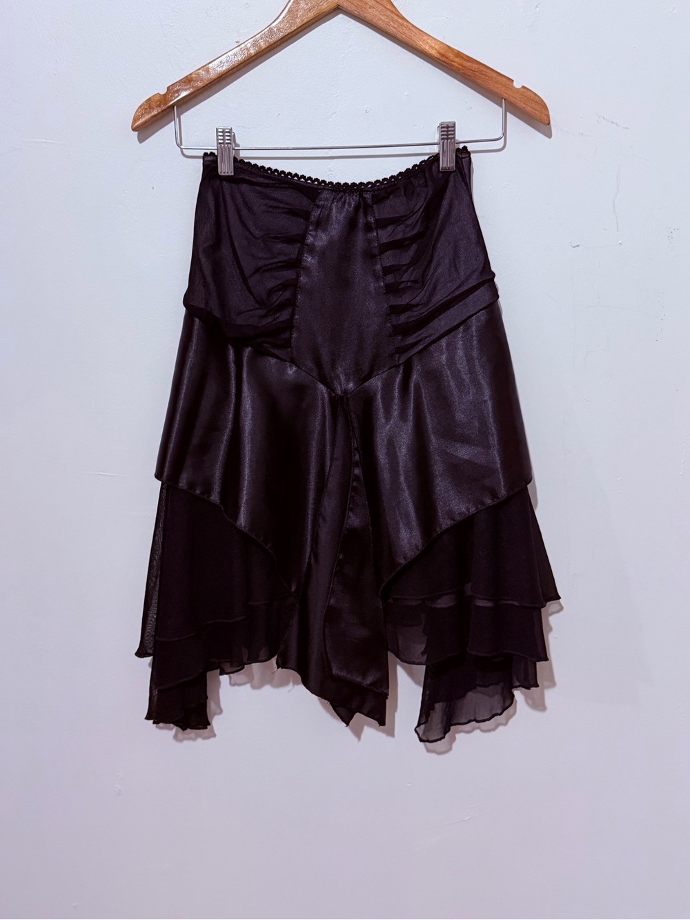 Asymmetrical Layered Satin & Chiffon Skirt in Black